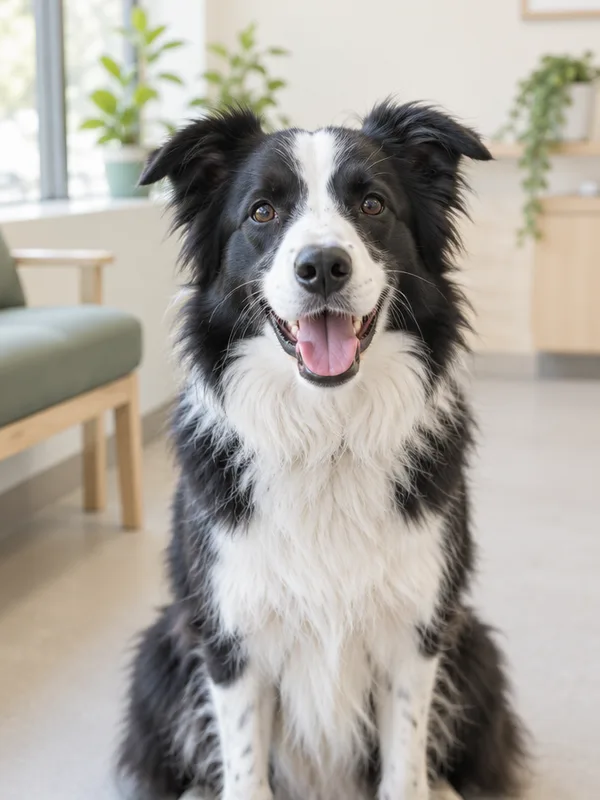 A border collie in the waiting room