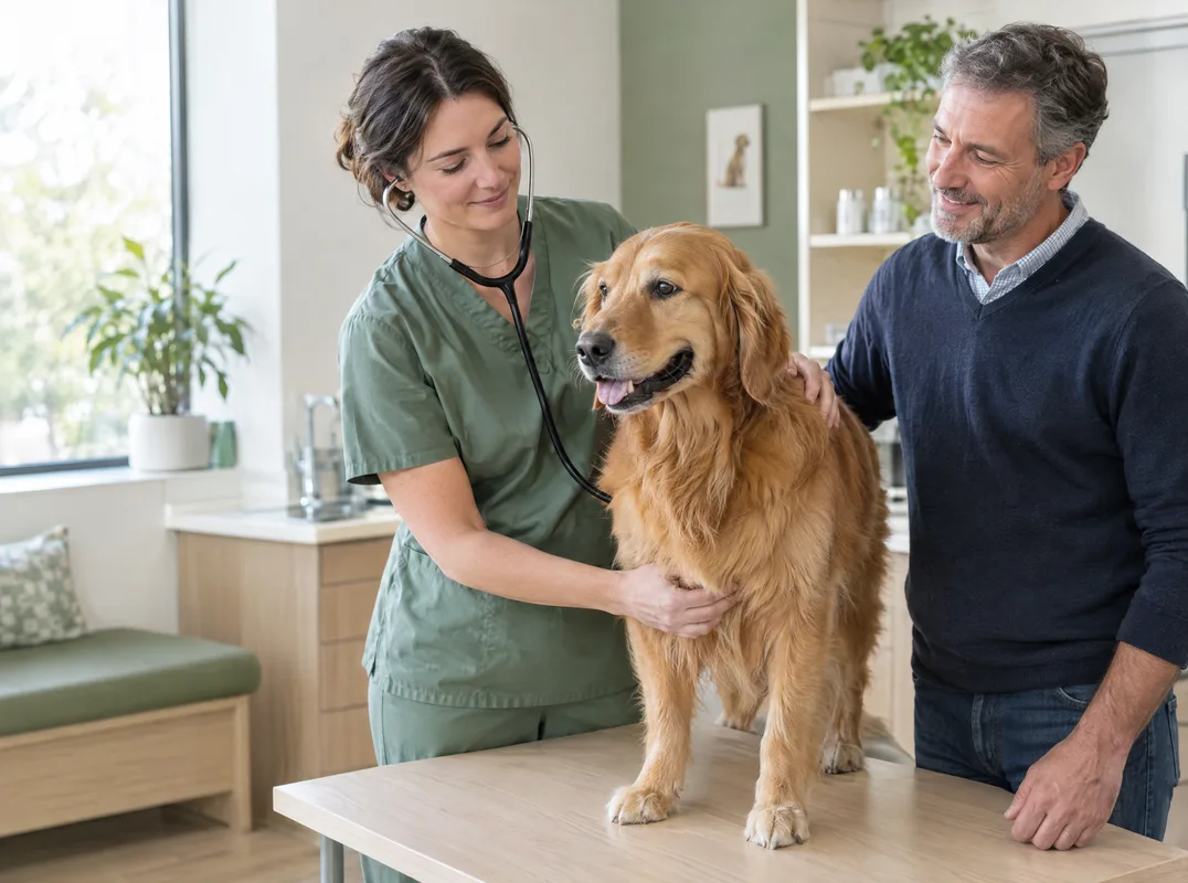 A vet examining a golden retriever while its owner looks on