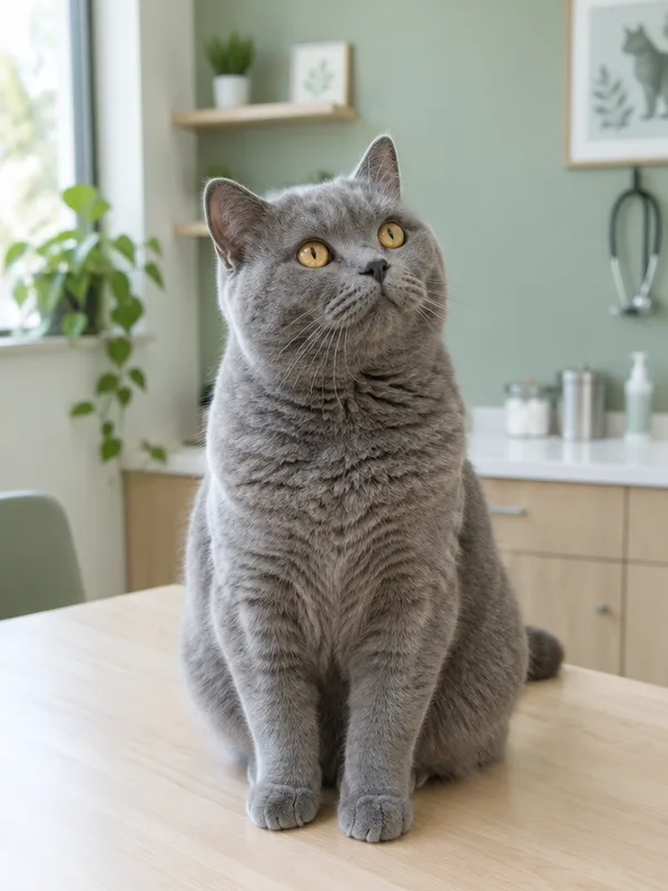 A grey cat on the consulting table, looking up